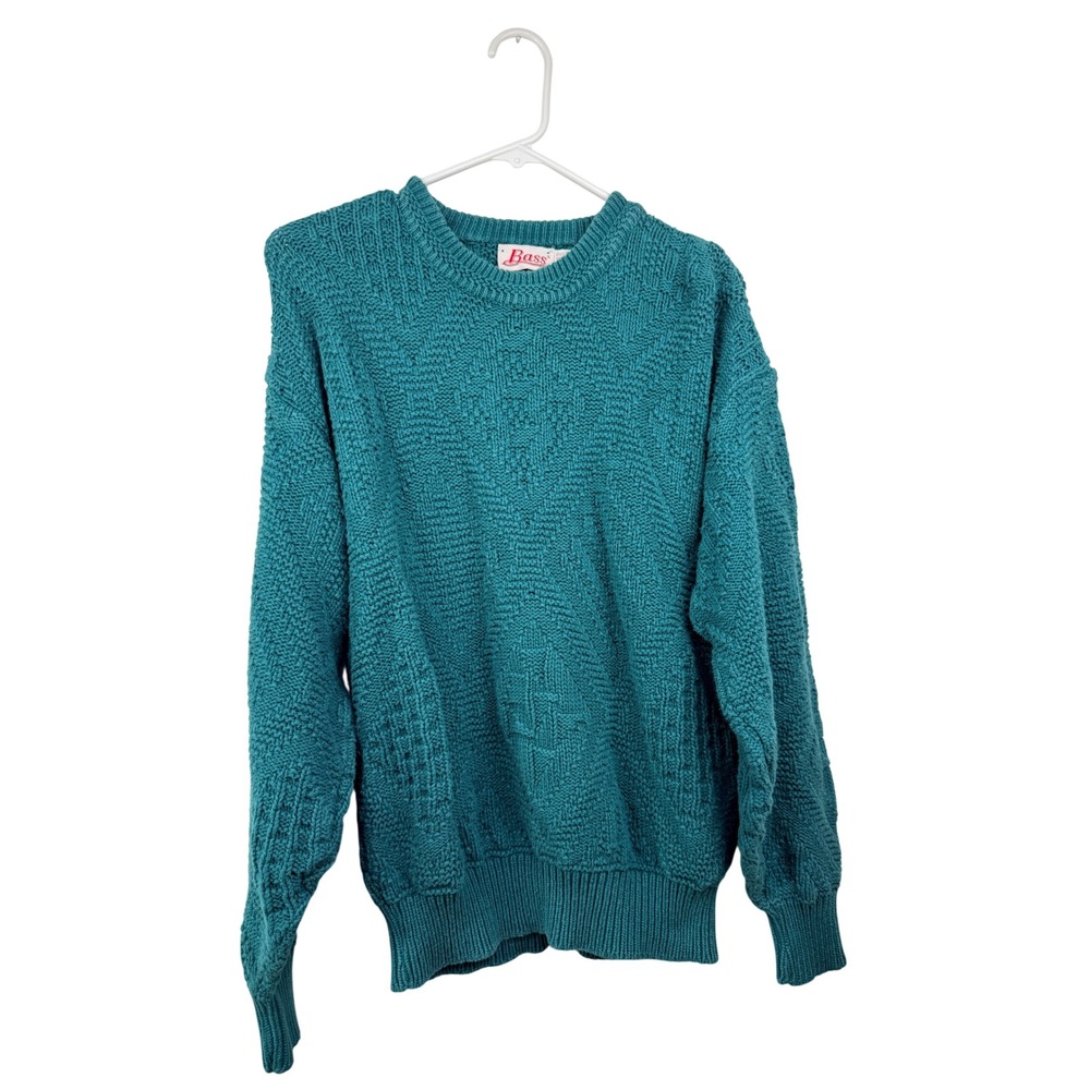 Vintage Bass Mens Medium Teal Green Textured Knit Cotton Sweater Made in USA